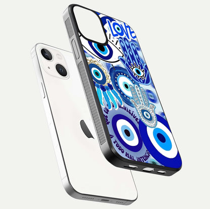 Evil Eyes Dream Glass Case for iPhone 13 Mini floating mockup showing glossy shine and elegant pattern clarity