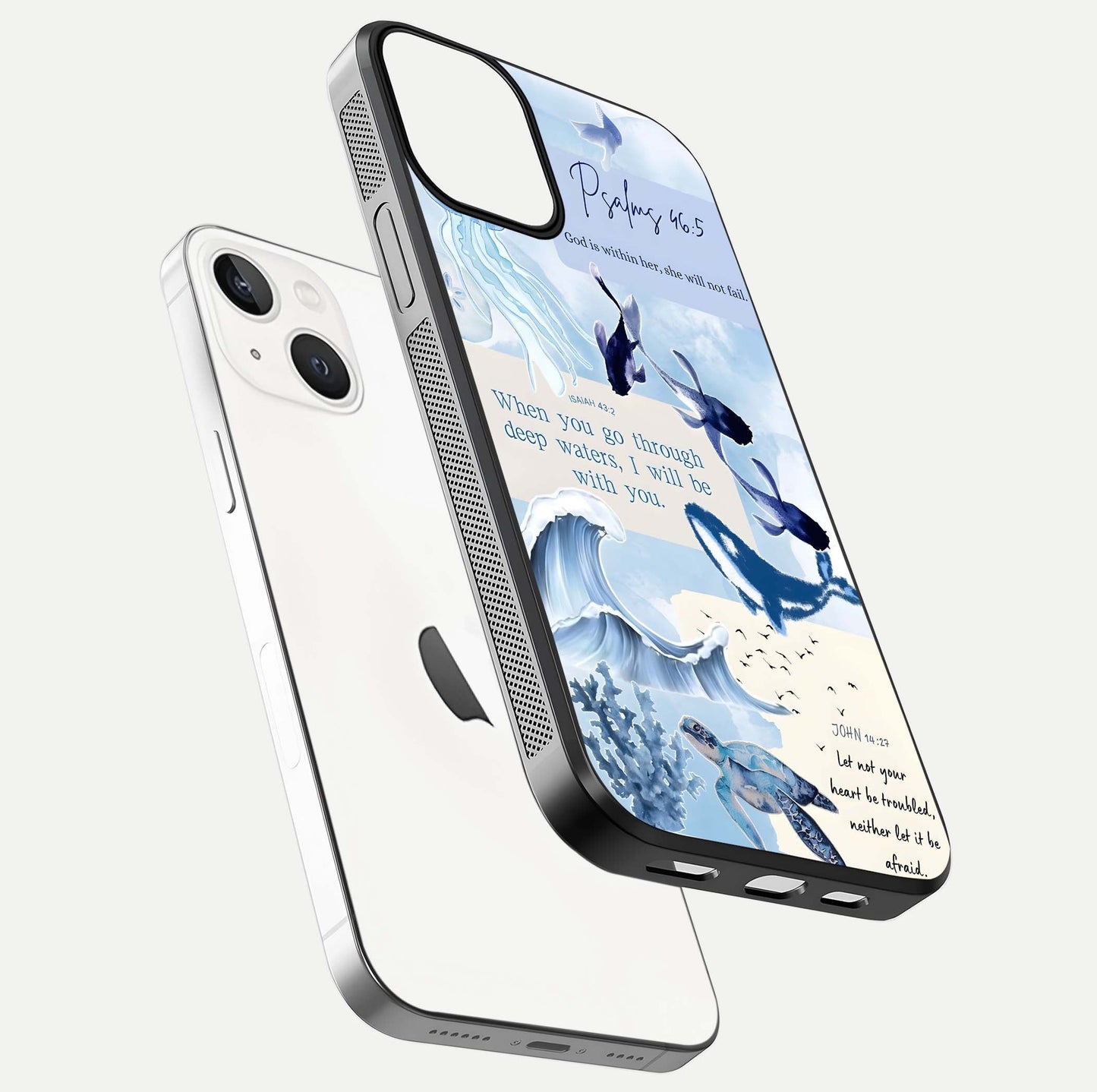 Faithful Ocean Promise Glass Case for iPhone 13 Mini floating mockup displaying glossy surface and vivid depth