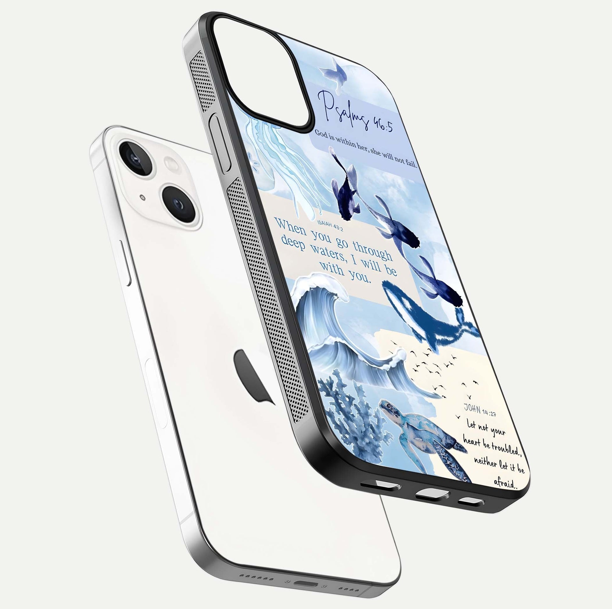 Faithful Ocean Promise Glass Case for iPhone 13 Mini floating mockup displaying glossy surface and vivid depth