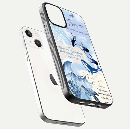 Faithful Ocean Promise Glass Case for iPhone 13 Mini floating mockup displaying glossy surface and vivid depth