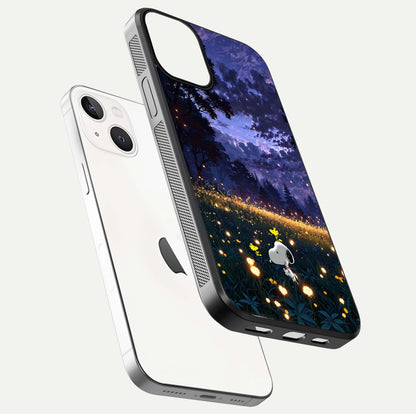 Firefly Meadow Magic Glass Case for iPhone 13 Mini floating mockup showing gloss polish and magical night hues