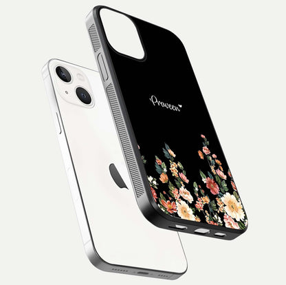 Floral Design Personalized Custom Name Glass Case for iPhone 13 Mini floating mockup showing reflection polish and vivid colors