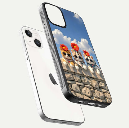Floral Kitty Squad Glass Case for iPhone 13 Mini floating mockup showing gloss texture and playful charm