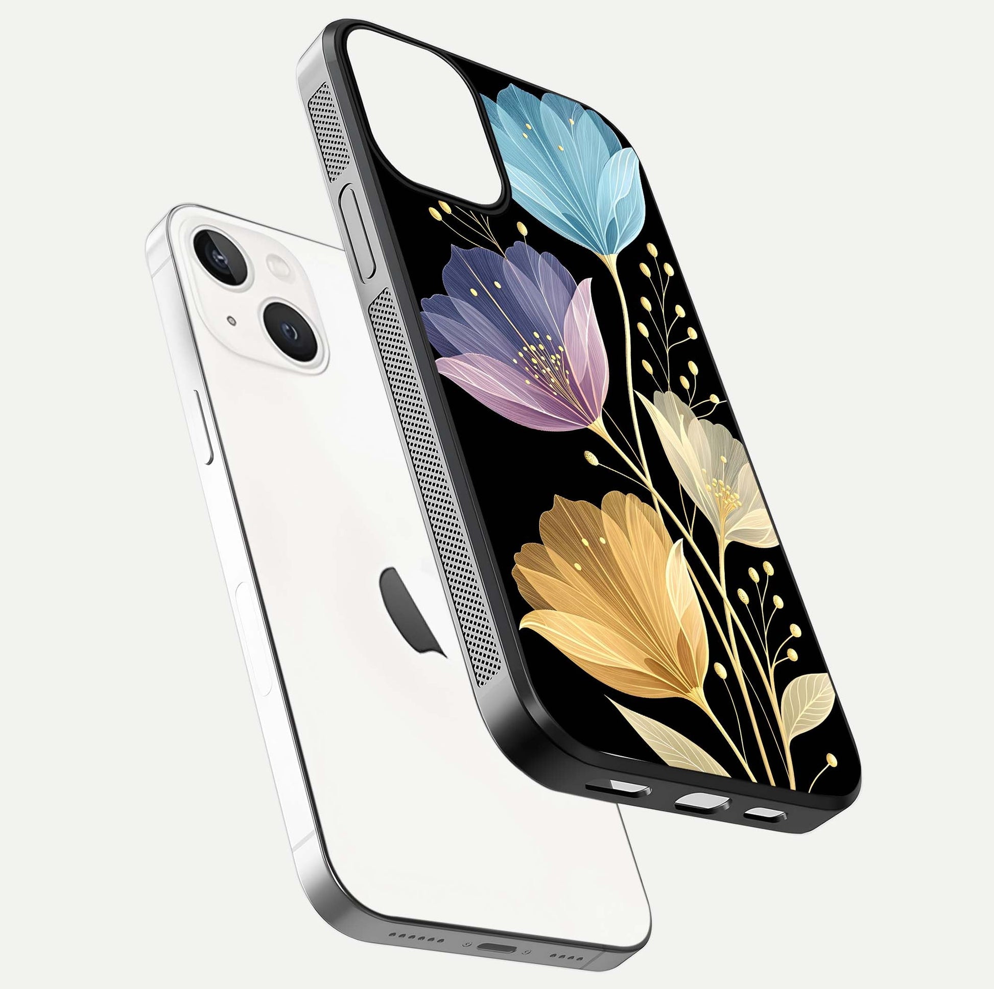 Flower Bloom Glow Glass Case for iPhone 13 Mini floating mockup showing HD shine and artistic detail