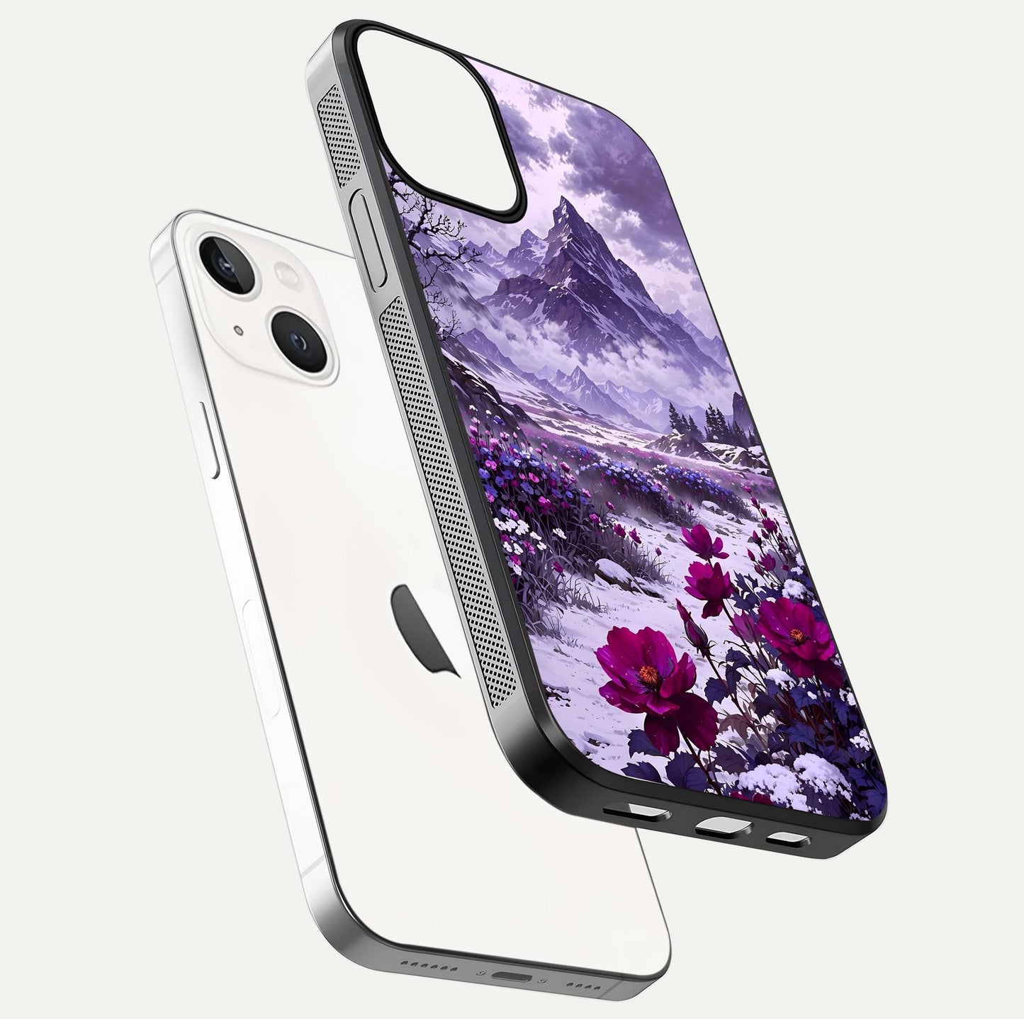Flower Mountain View Glass Case for iPhone 13 Mini floating mockup showing reflection glow and artistic clarity