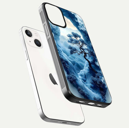 Frozen Serenity Gate Glass Case for iPhone 13 Mini floating mockup showing glossy depth and crystal glow