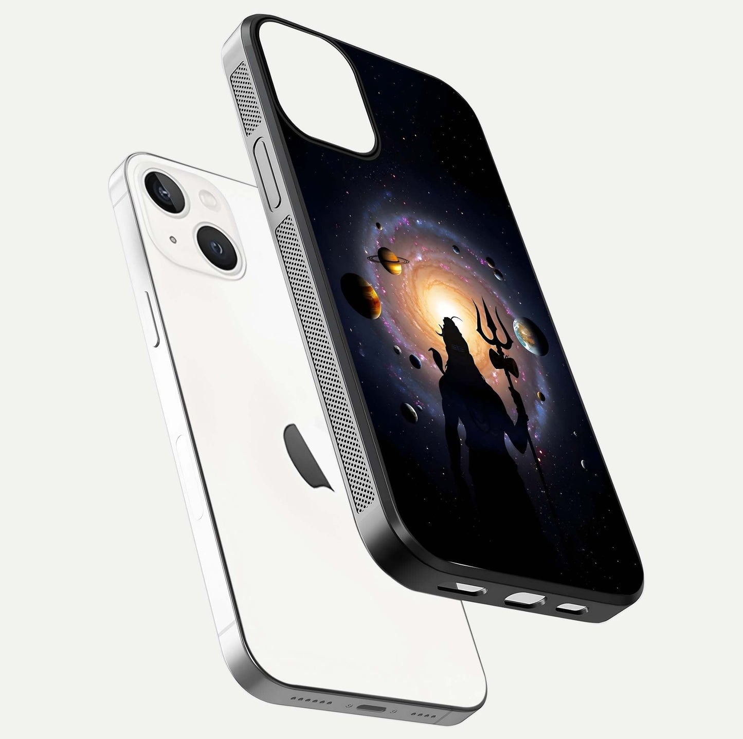Galactic Shiva Vision Glass Case for iPhone 13 Mini floating dual-view mockup displaying vibrant cosmic colors and smooth gloss texture