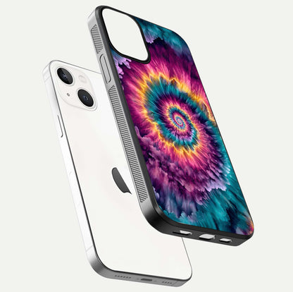 Galactic Spiral Burst Glass Case for iPhone 13 Mini floating dual-view mockup displaying light trails and smooth gloss shine