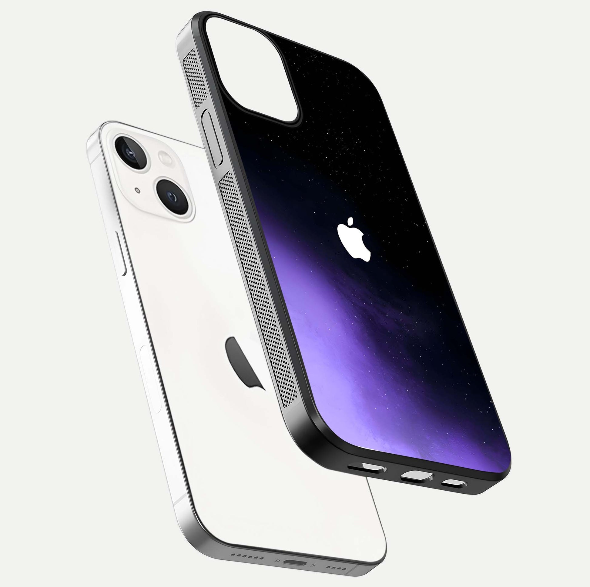 Galaxy Apple Aura Glass Case for iPhone 13 Mini floating dual-view mockup highlighting HD gloss and deep space color blend