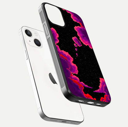 Galaxy Dream Frame Glass Case for iPhone 13 Mini floating dual-view mockup showing vibrant gloss and space-themed tones