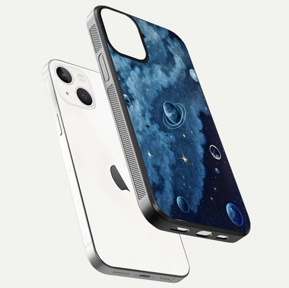 Galaxy Dream Space Glass Case for iPhone 13 Mini floating dual-view mockup showing glossy finish and celestial depth
