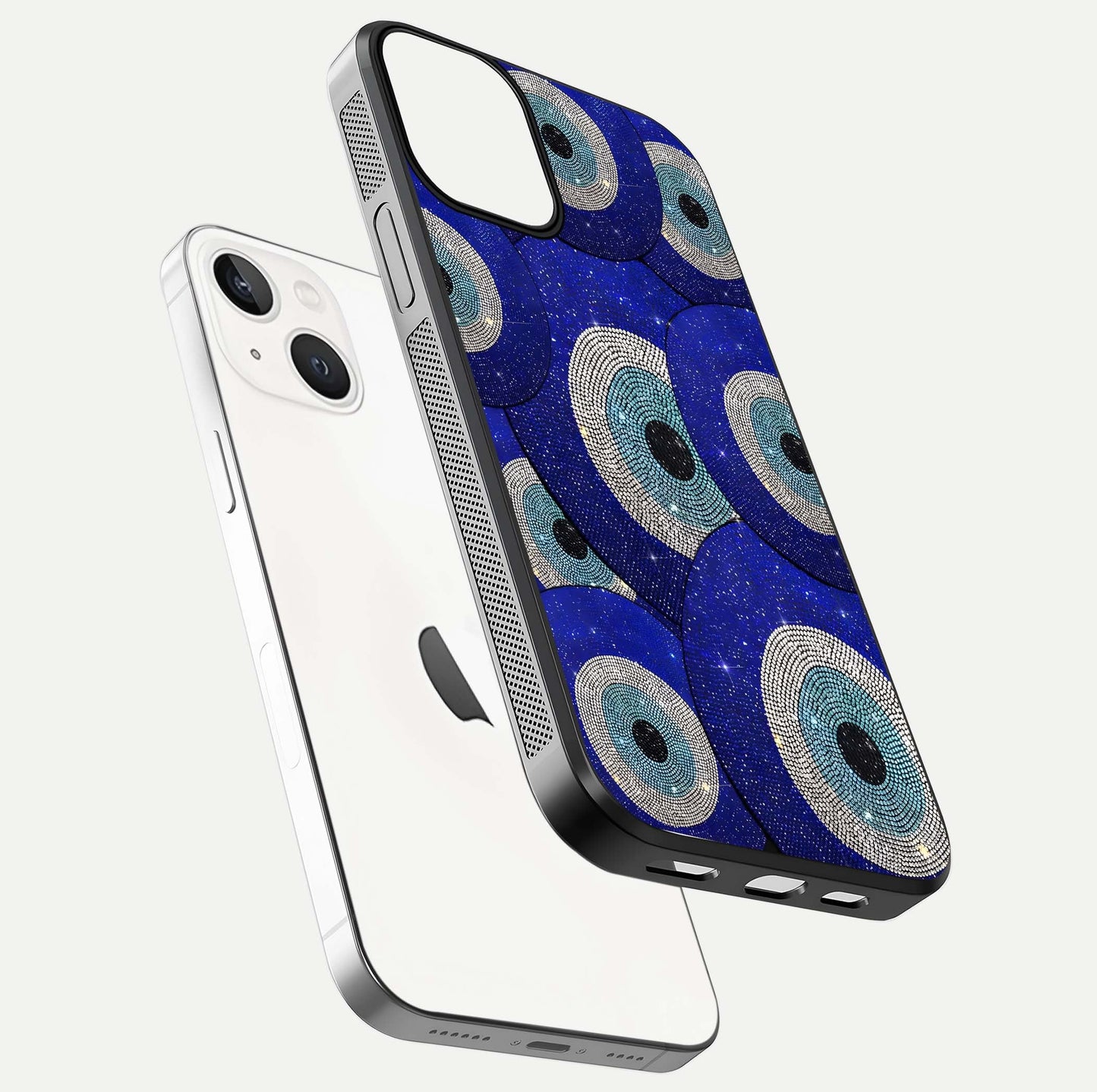 Galaxy Eye Flow Glass Case for iPhone 13 Mini floating dual-view mockup showing gloss polish and glowing tones