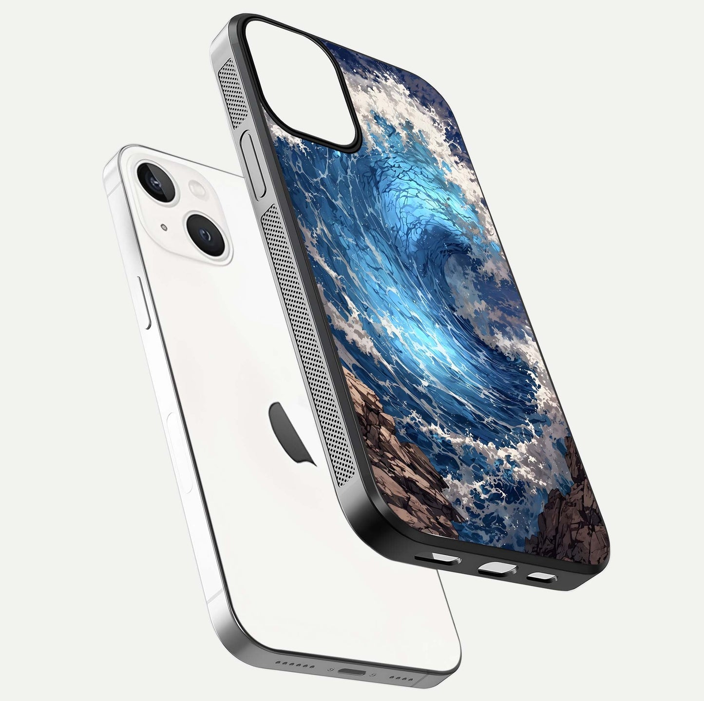 Giant Ocean Wave Glass Case for iPhone 13 Mini floating dual-view mockup showing glossy depth and aquatic blue gradient