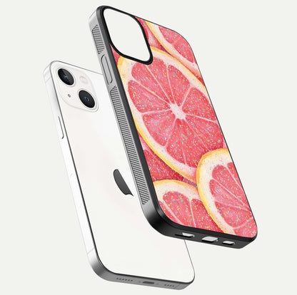 Glitter Grapefruit Glass Case for iPhone 13 Mini floating dual-view mockup showing HD gloss and fresh color detail