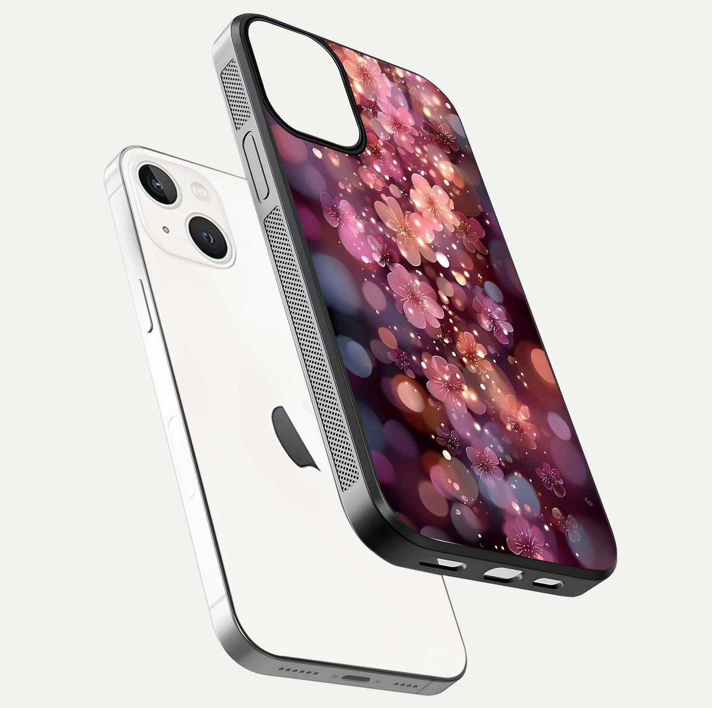 Glowing Petal Bliss Glass Case for iPhone 13 Mini floating dual-view mockup showing gloss brightness and delicate tone