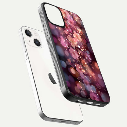 Glowing Petal Bliss Glass Case for iPhone 13 Mini floating dual-view mockup showing gloss brightness and delicate tone