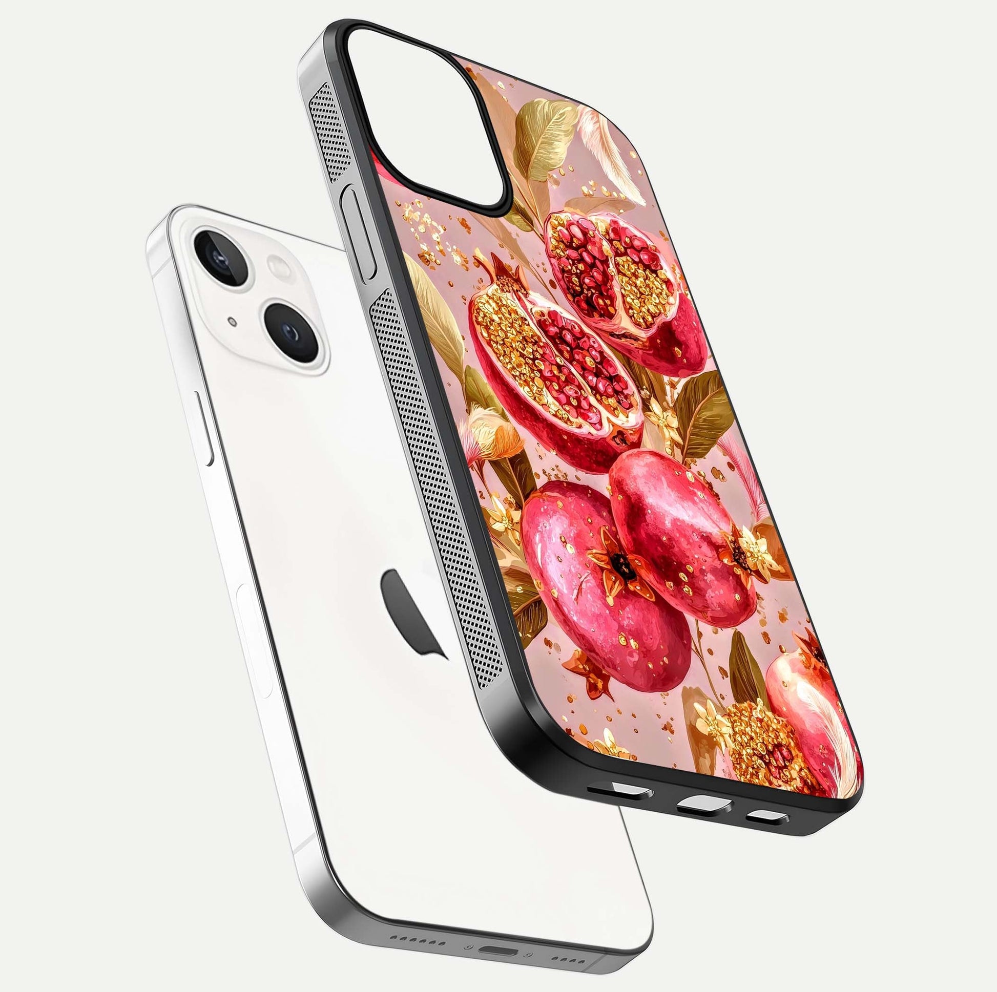 Golden Bloom Glow Glass Case for iPhone 13 Mini floating dual-view mockup showing glossy shine and golden shimmer