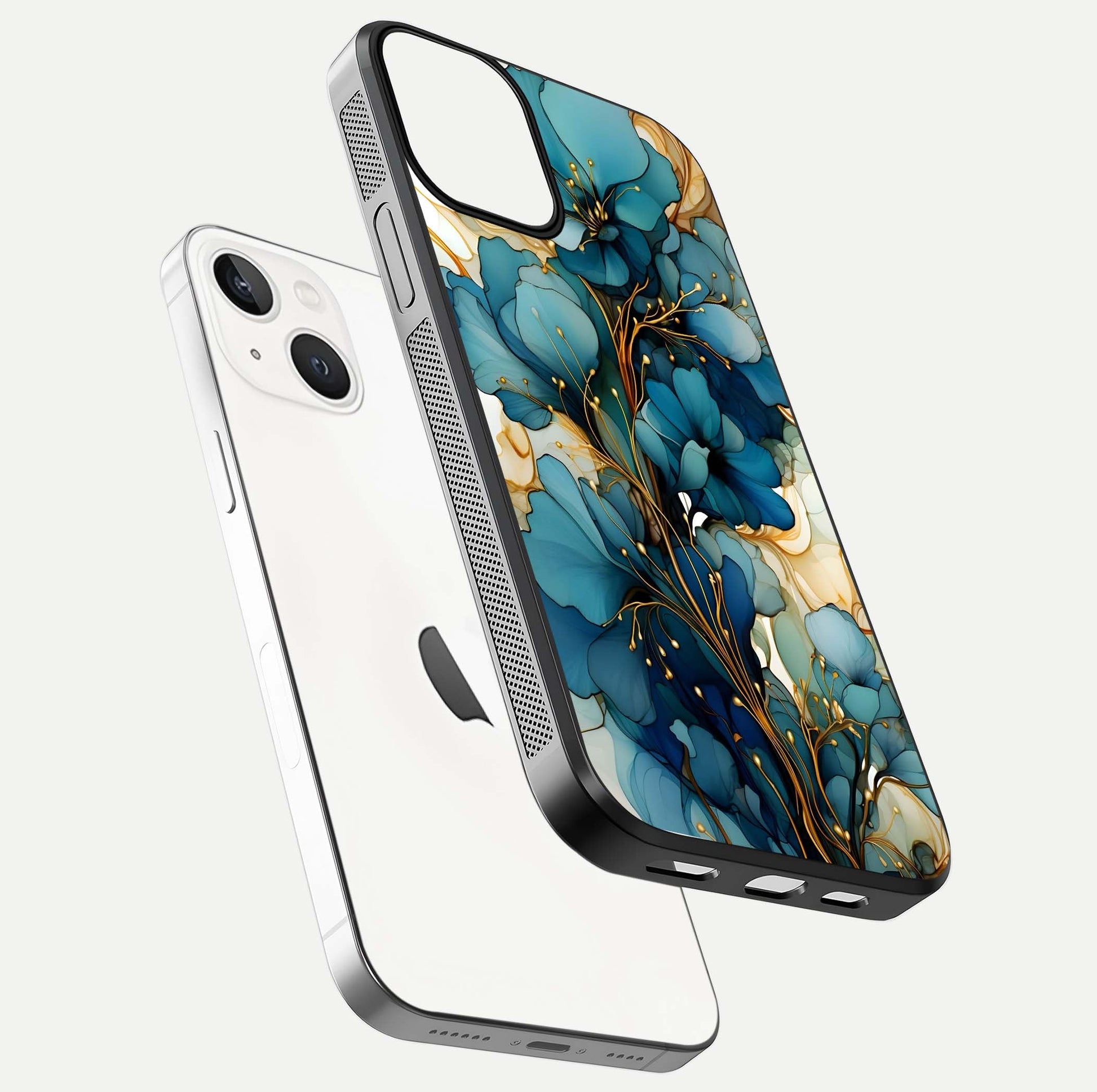 Golden Bloom Symphony Glass Case for iPhone 13 Mini floating dual-view mockup displaying shine texture and luxury pattern