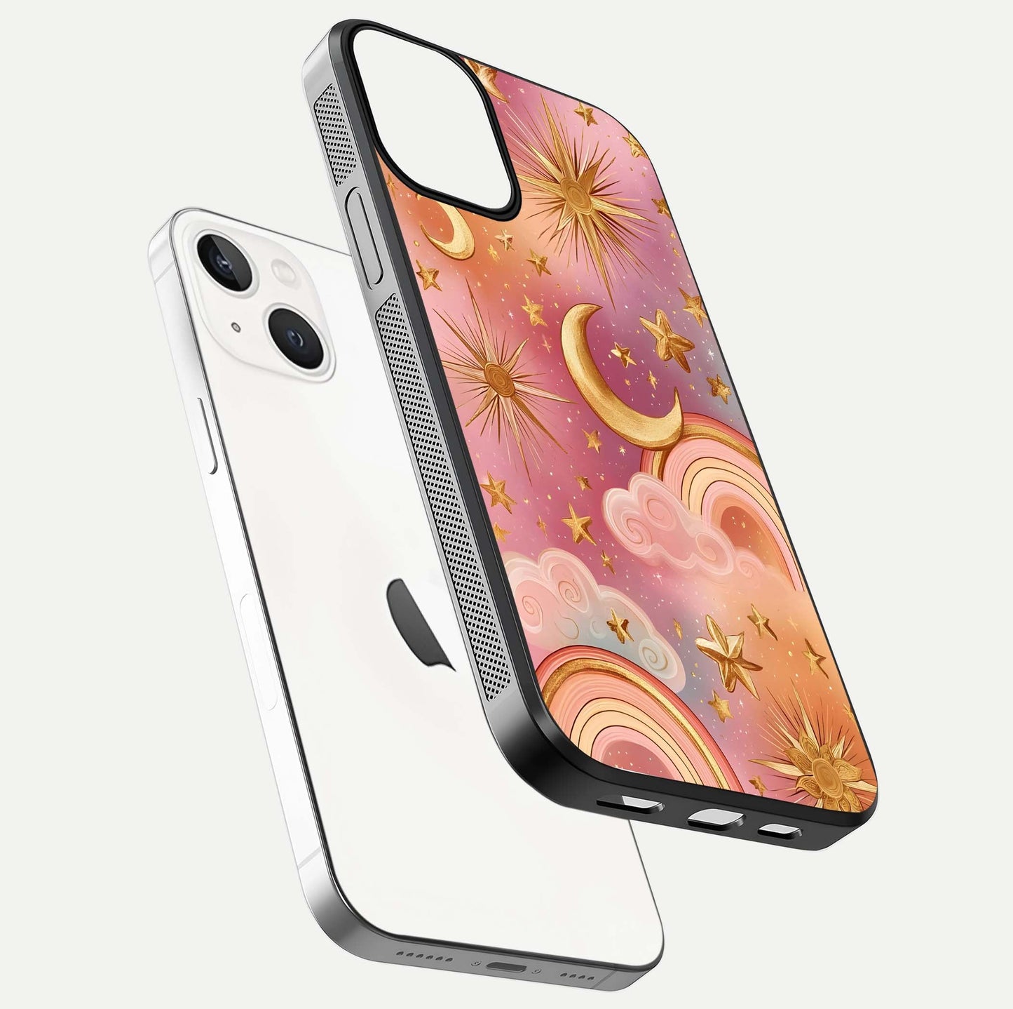 Golden Celestial Dreams Glass Case for iPhone 13 Mini floating dual-view mockup showing gloss surface and dream-like glow