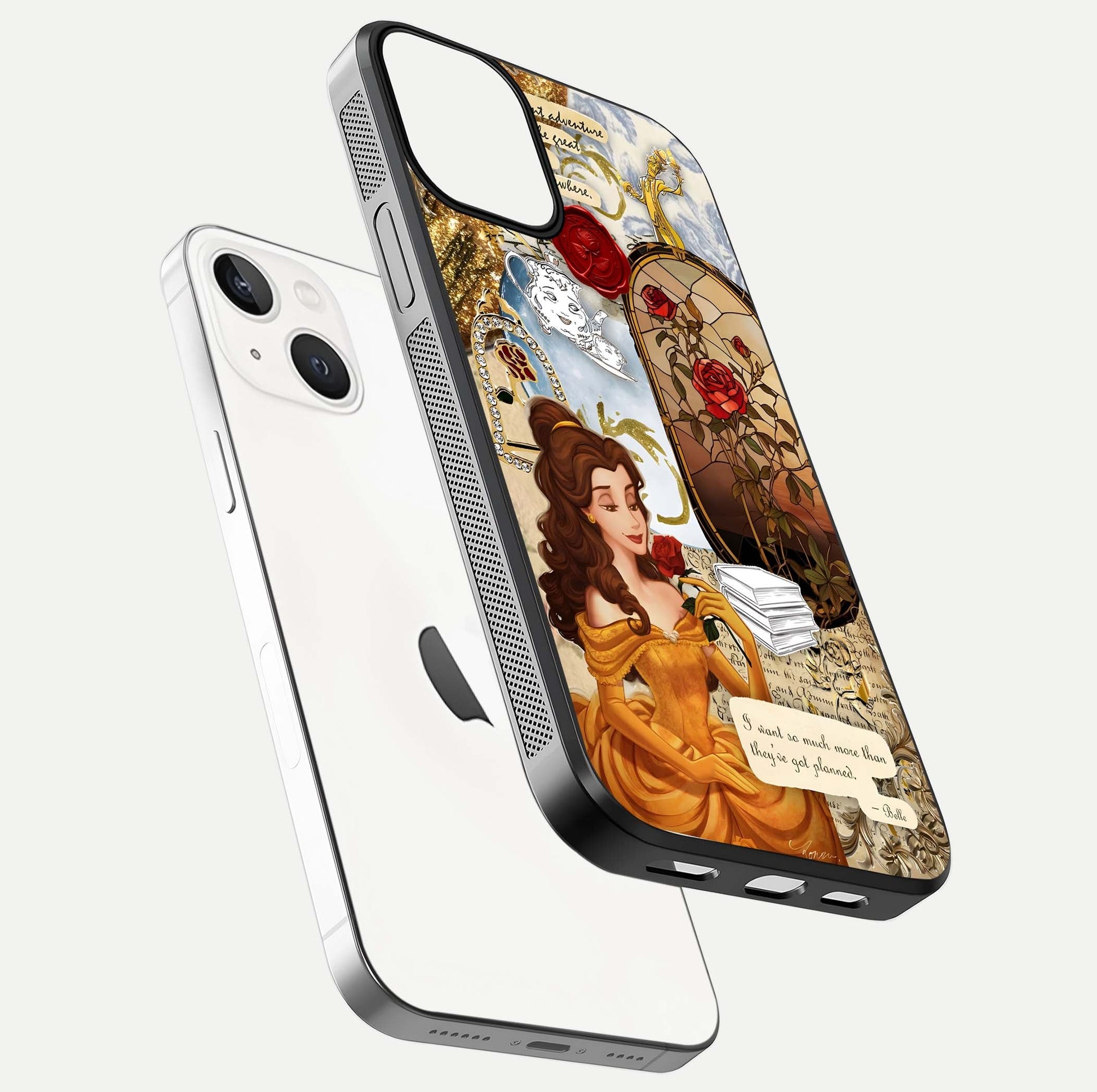 Golden Dream Belle Glass Case for iPhone 13 Mini floating dual-view mockup highlighting gloss texture and elegant shimmer