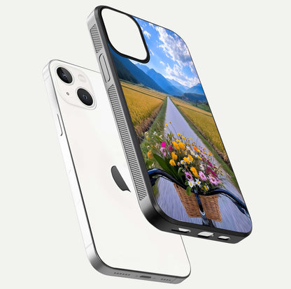 Golden Field Journey Glass Case for iPhone 13 Mini floating dual-view mockup showing gloss surface and field depth