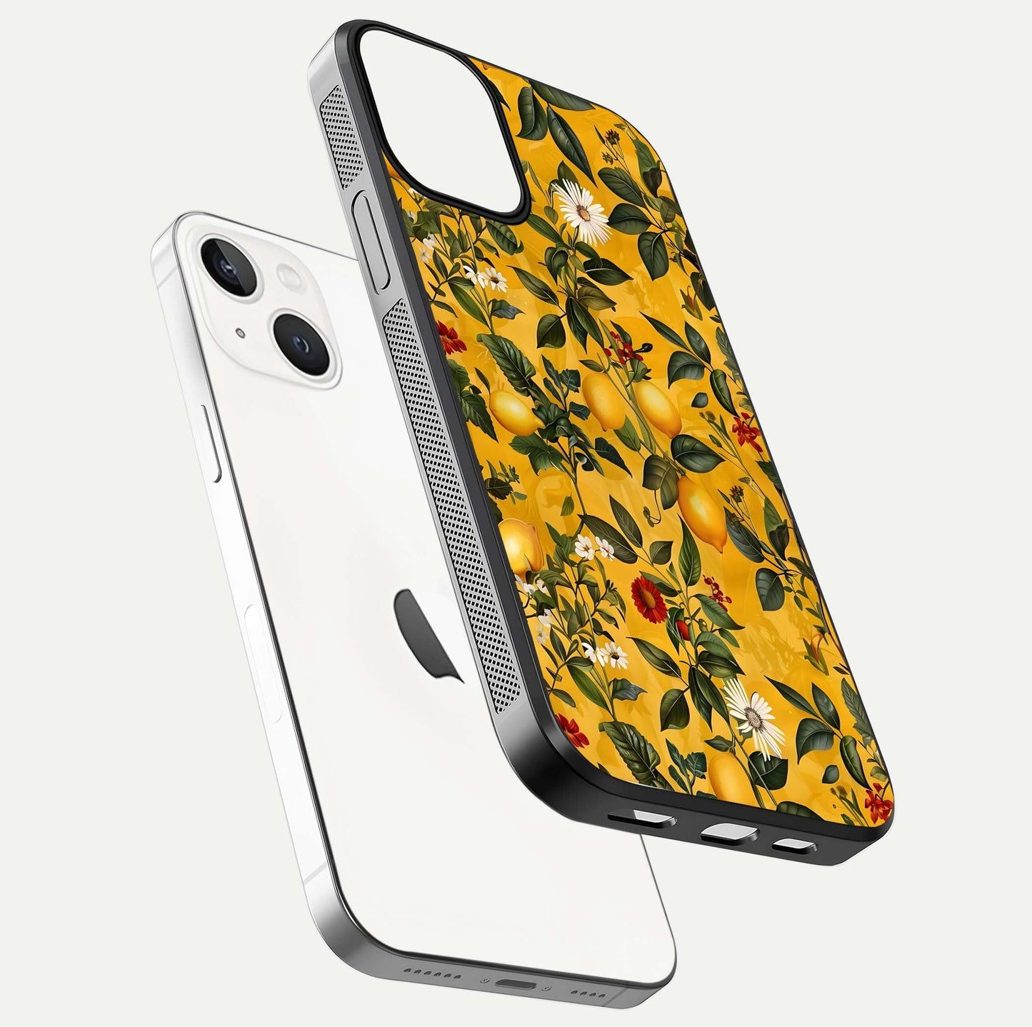 Golden Lemon Field Glass Case for iPhone 13 Mini floating dual-view mockup showing gloss shine and yellow-gold palette