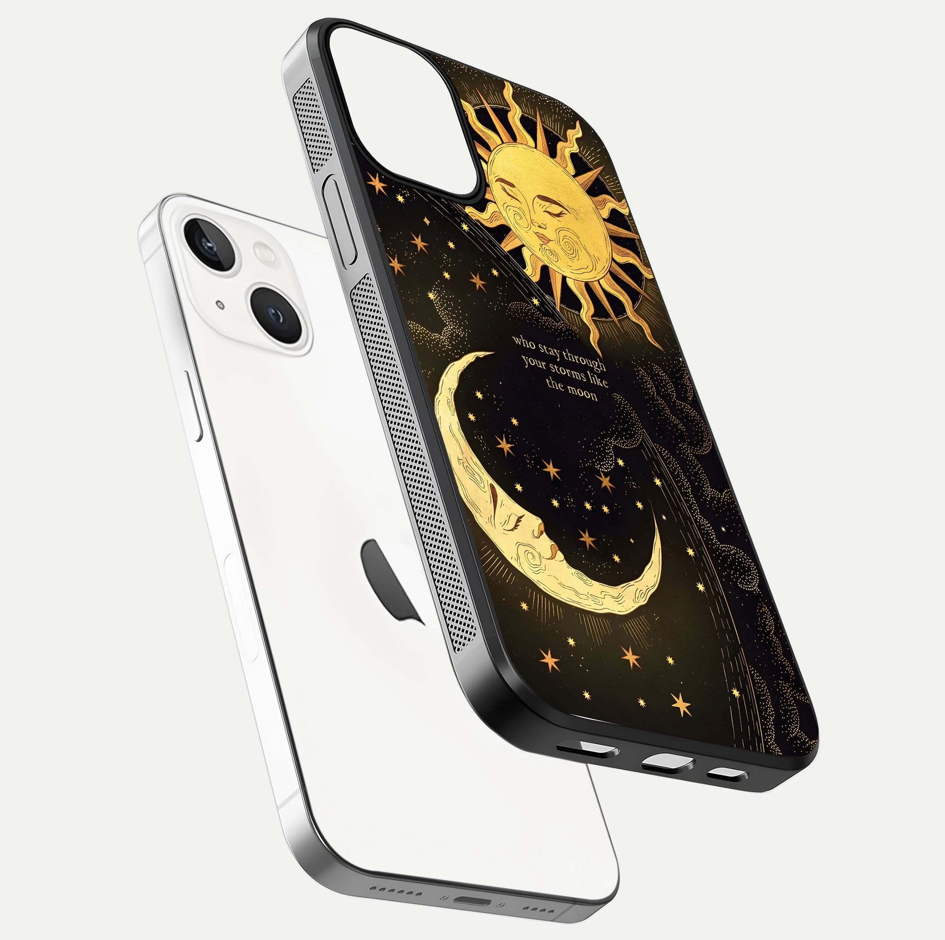 Golden Lunar Love Glass Case for iPhone 13 Mini floating dual-view mockup showing glossy glow and romantic theme