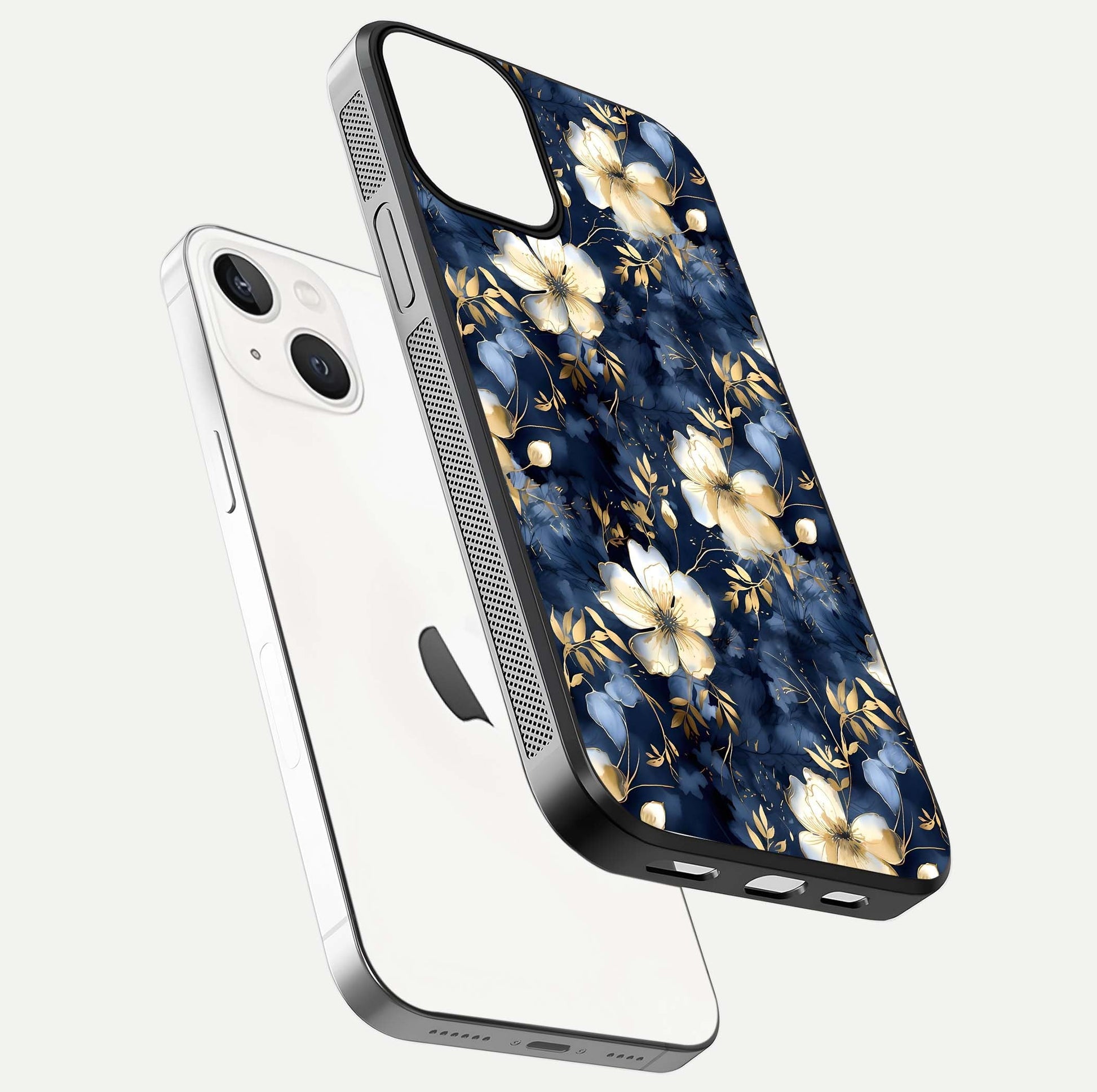 Golden Midnight Bloom Glass Case for iPhone 13 Mini floating dual-view mockup showing gloss polish and metallic reflection
