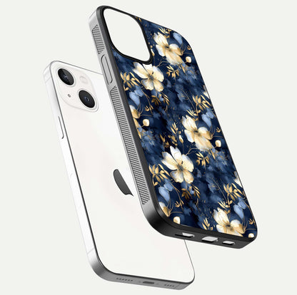Golden Midnight Bloom Glass Case for iPhone 13 Mini floating dual-view mockup showing gloss polish and metallic reflection