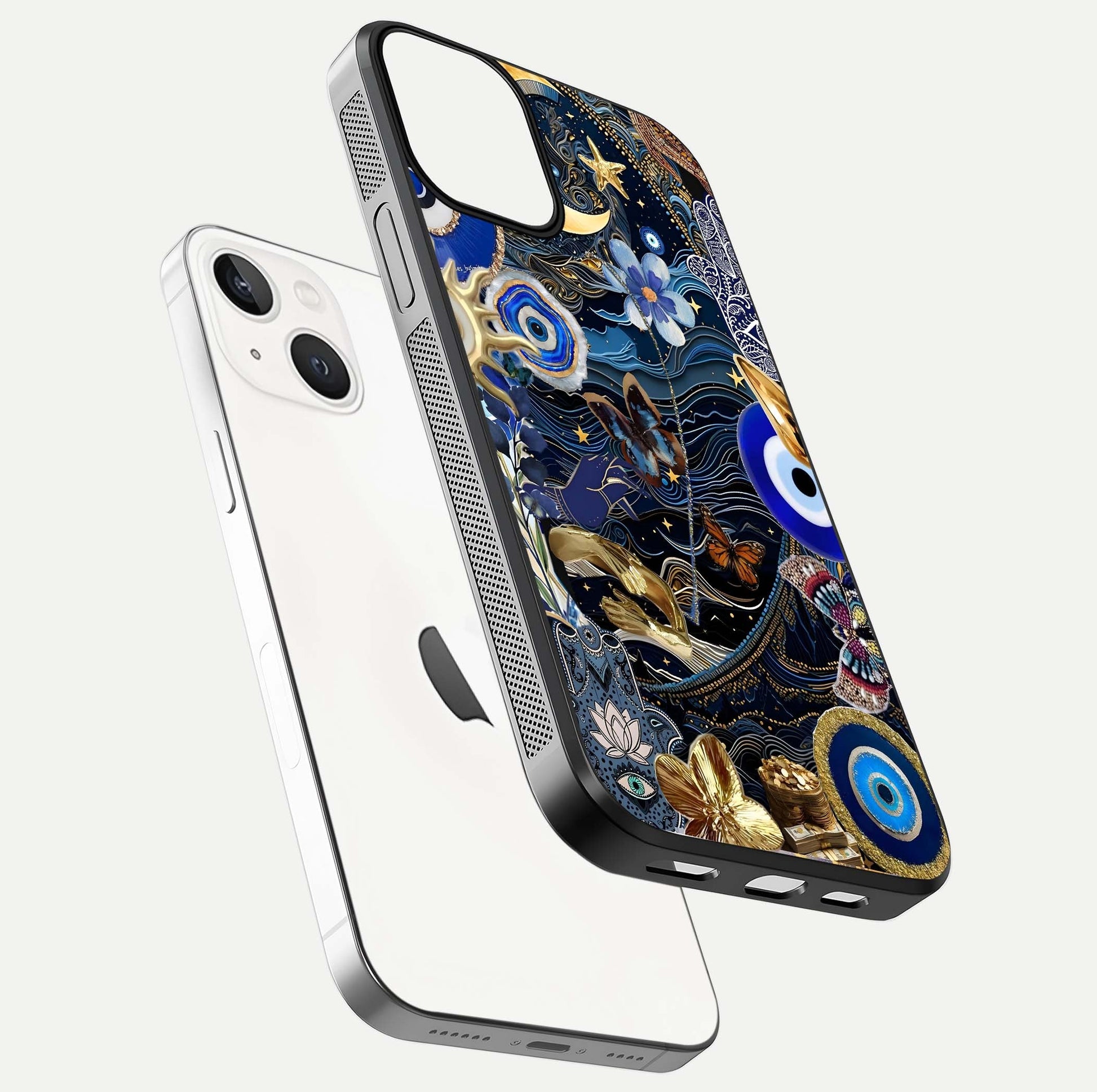 Golden Moon Magic Glass Case for iPhone 13 Mini floating dual-view mockup showing gloss texture and golden illumination