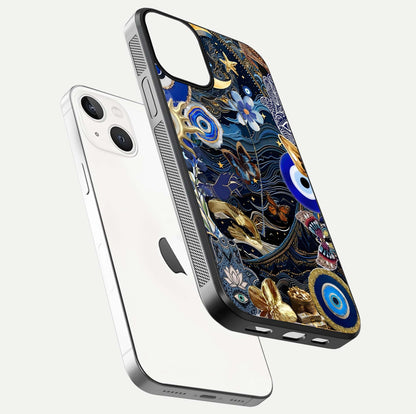 Golden Moon Magic Glass Case for iPhone 13 Mini floating dual-view mockup showing gloss texture and golden illumination