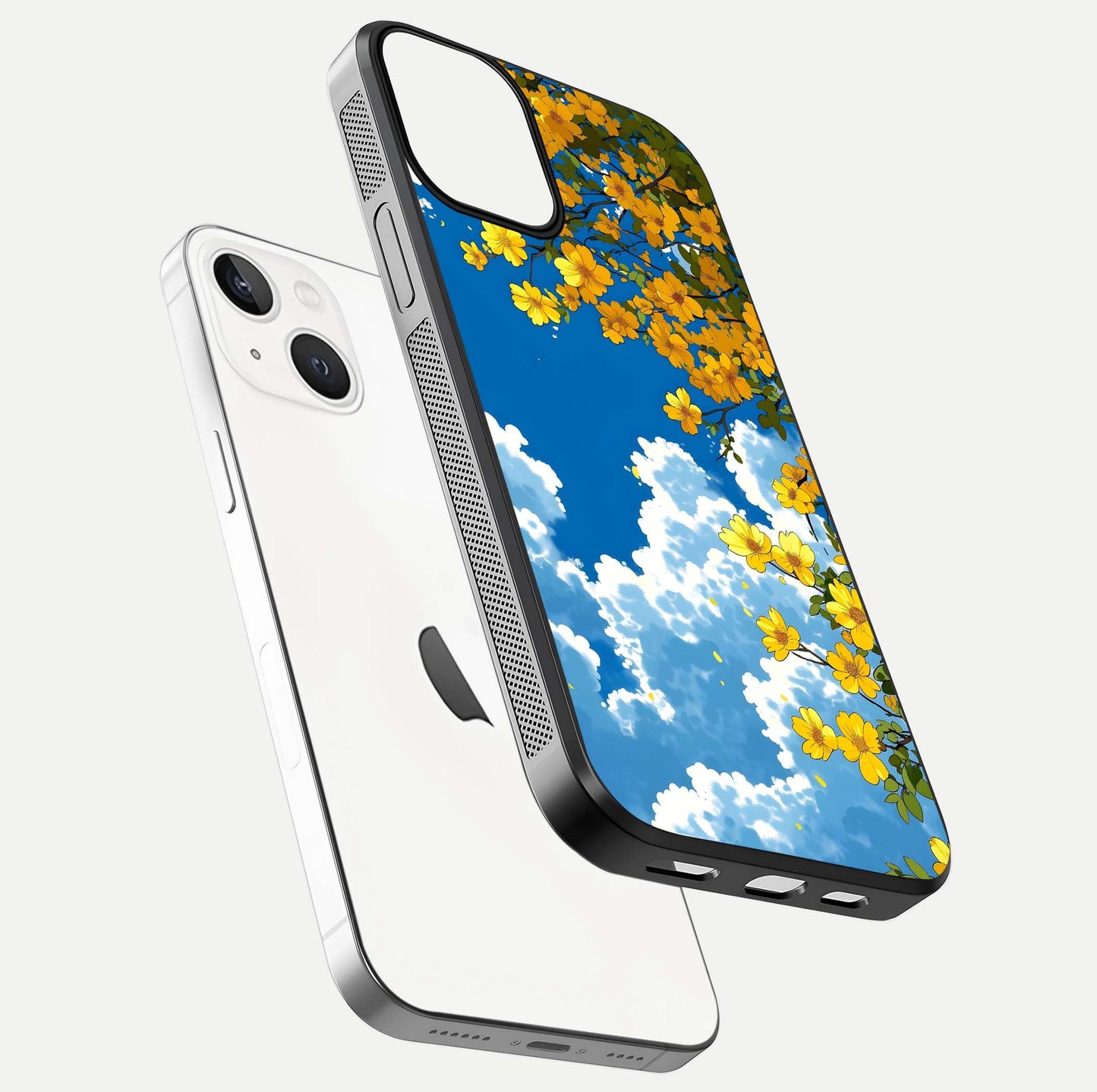 Golden Petal Sky Glass Case for iPhone 13 Mini floating dual-view mockup showing gloss brilliance and gold detail