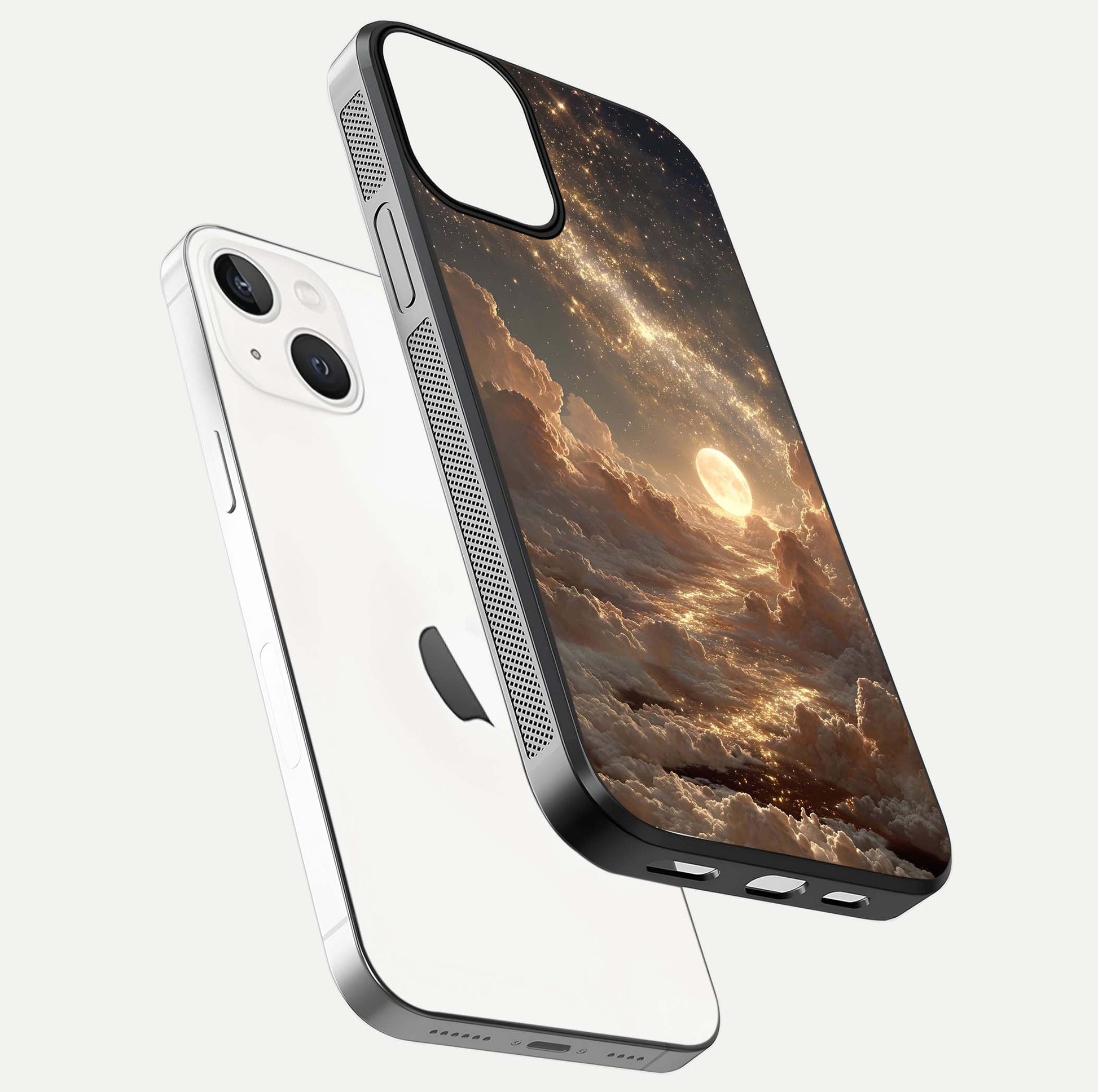 Golden Sky Dream Glass Case for iPhone 13 Mini floating dual-view mockup showing gloss depth and elegant finish