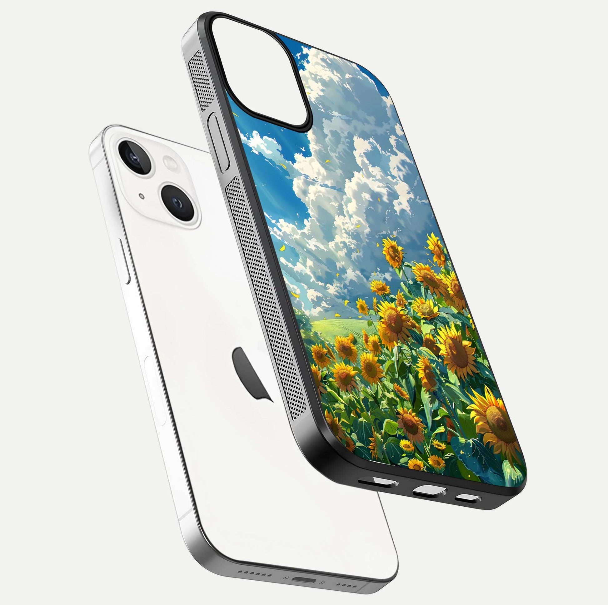 Golden Sun Glory Glass Case for iPhone 13 Mini floating dual-view mockup showing gloss shine and premium surface