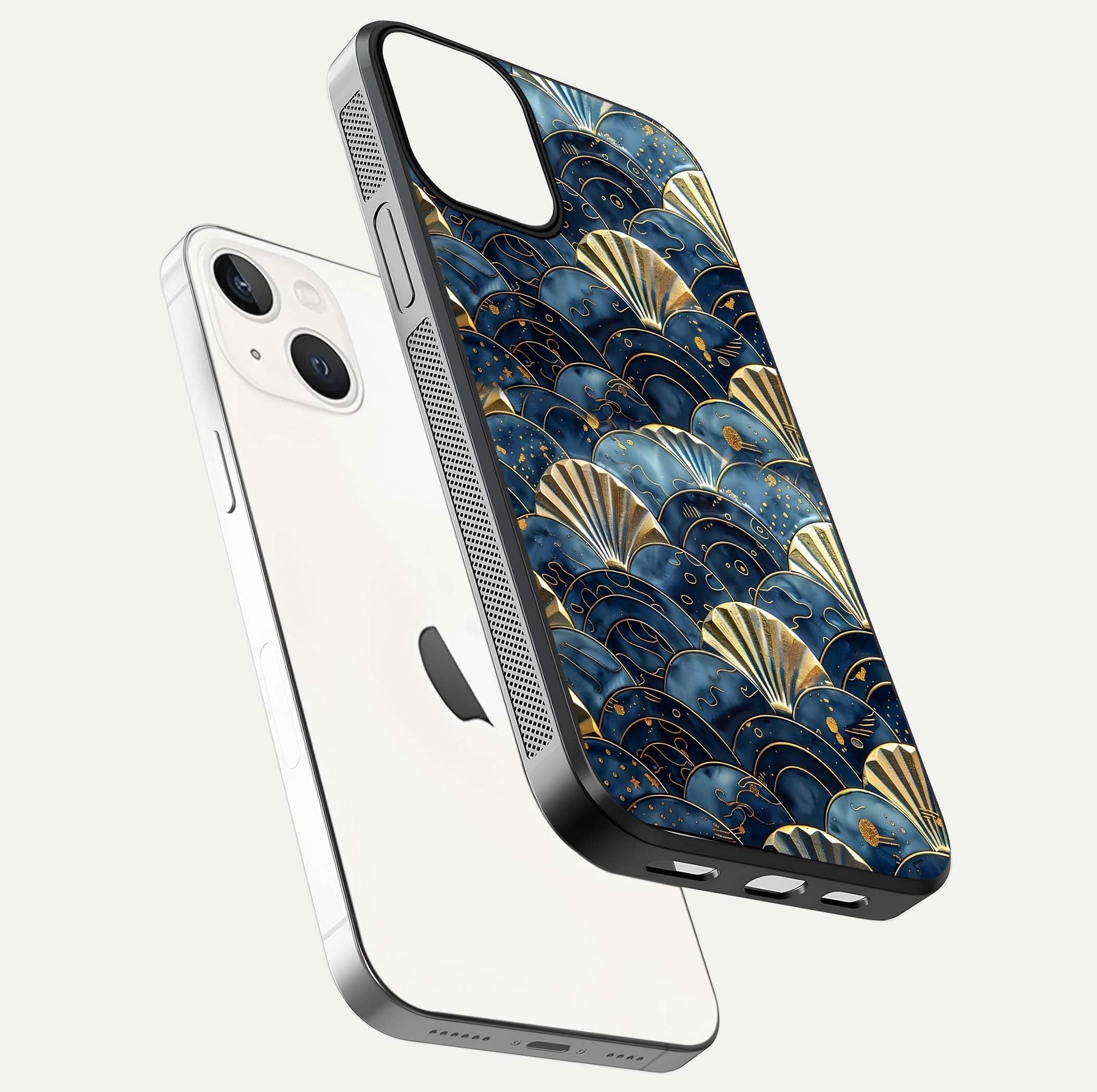 Golden Wave Luxe Glass Case for iPhone 13 Mini floating dual-view mockup showing gloss surface and shimmering tones