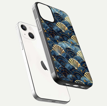 Golden Wave Luxe Glass Case for iPhone 13 Mini floating dual-view mockup showing gloss surface and shimmering tones