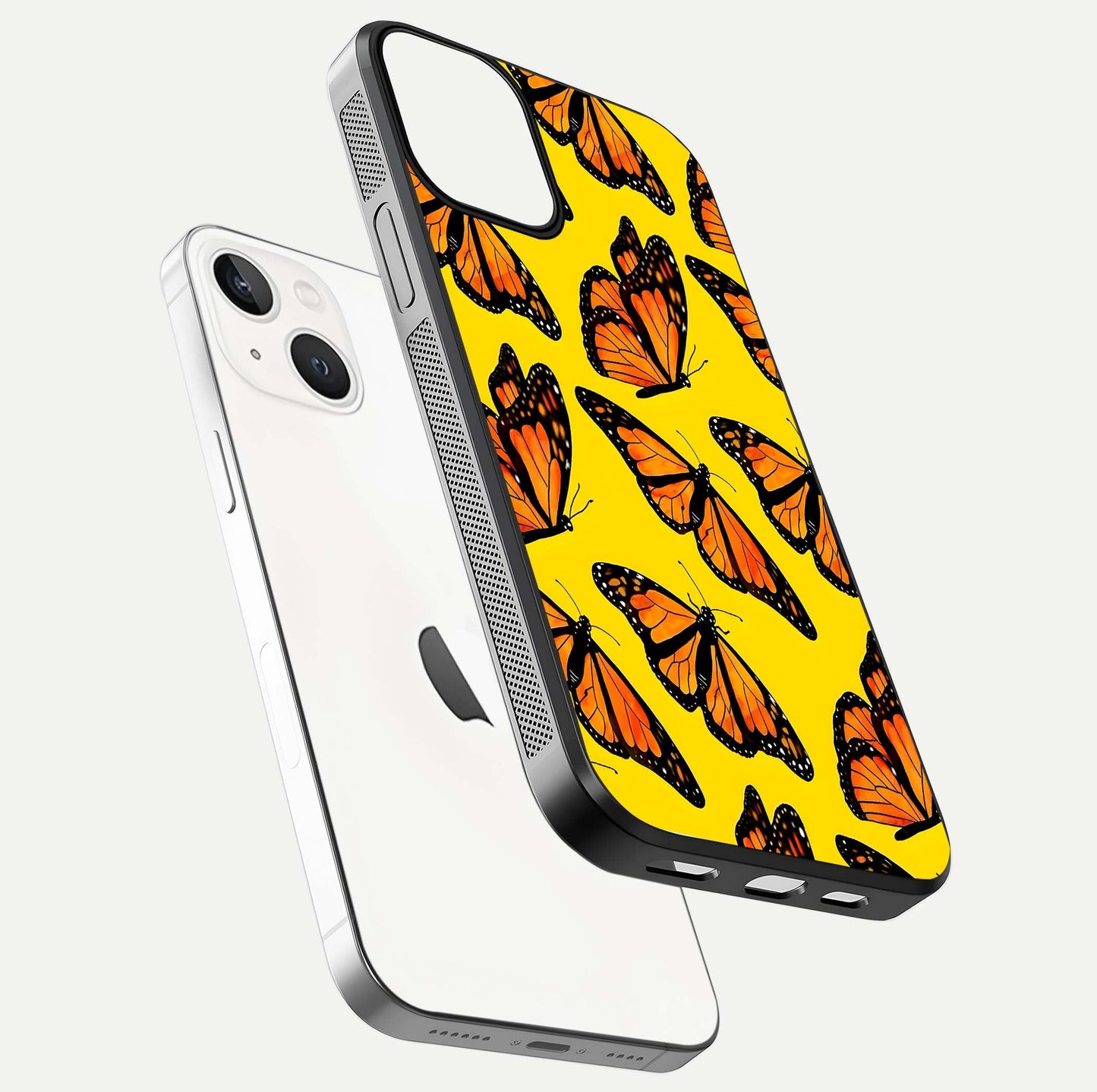 Golden Wing Flight Glass Case for iPhone 13 Mini floating dual-view mockup showing gloss reflection and luxury tone