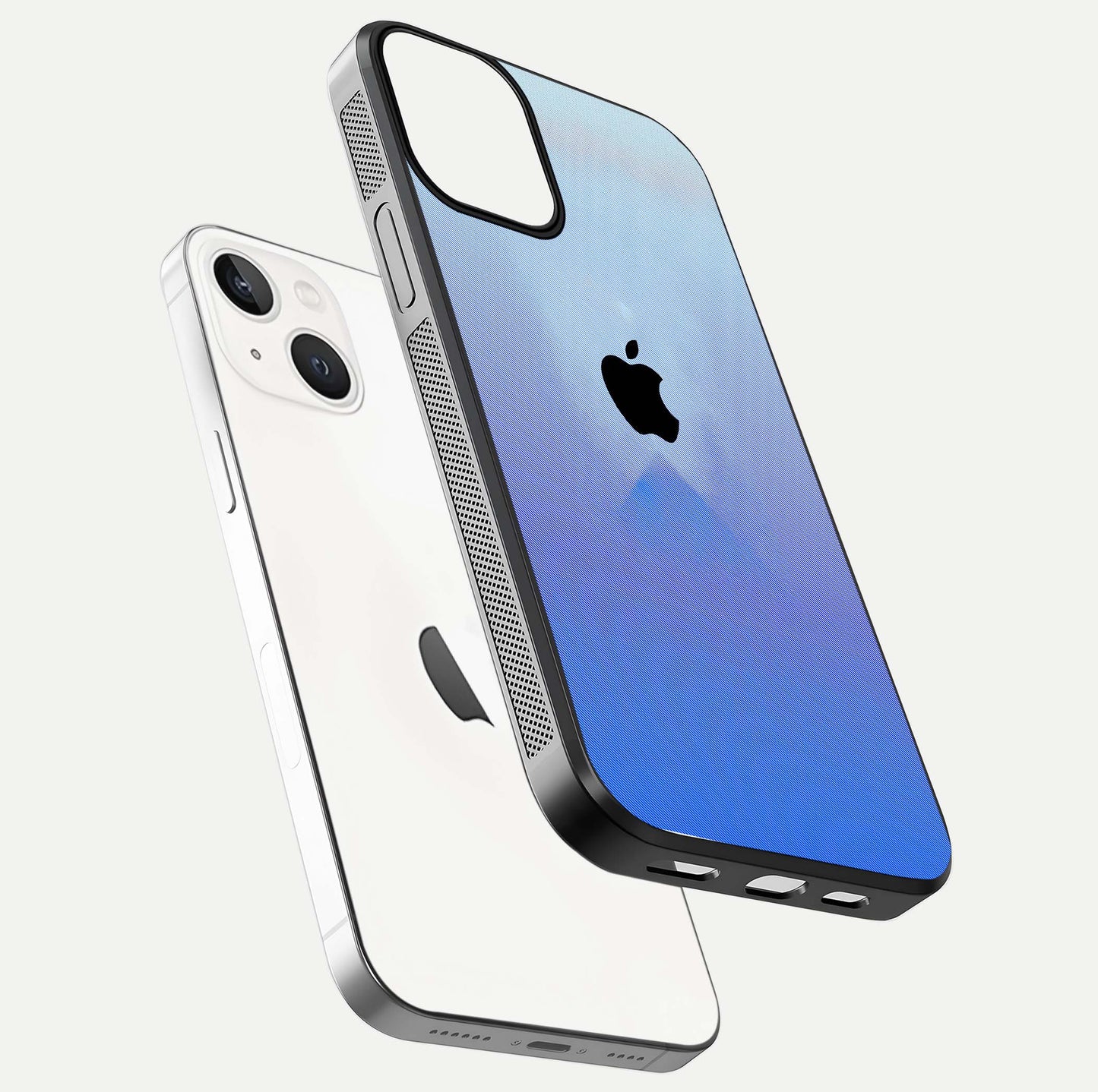Gradient Apple Vibe Glass Case for iPhone 13 Mini floating dual-view mockup showing gloss polish and gradient blend