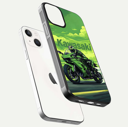 Green Kawasaki Glass Case for iPhone 13 Mini floating dual-view mockup showing gloss surface and power-bike theme