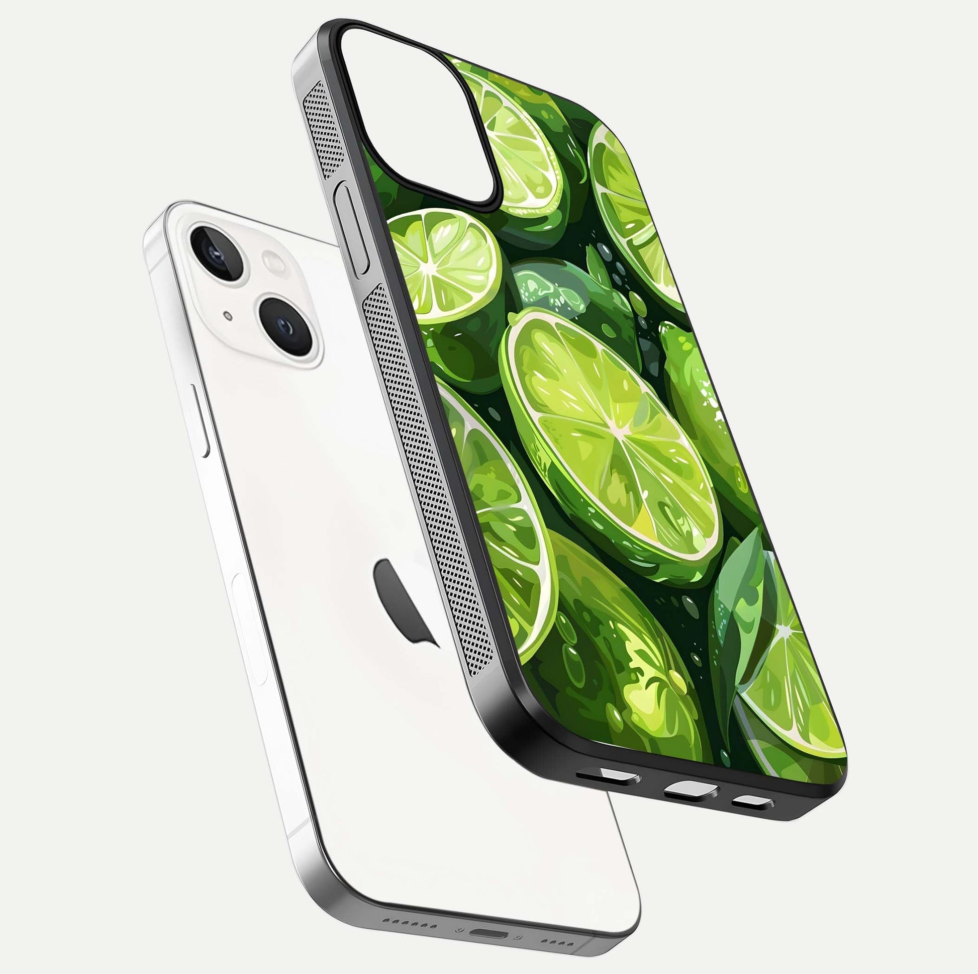 Green Lemon Glass Case for iPhone 13 Mini floating dual-view mockup showing glossy surface and fruity freshness