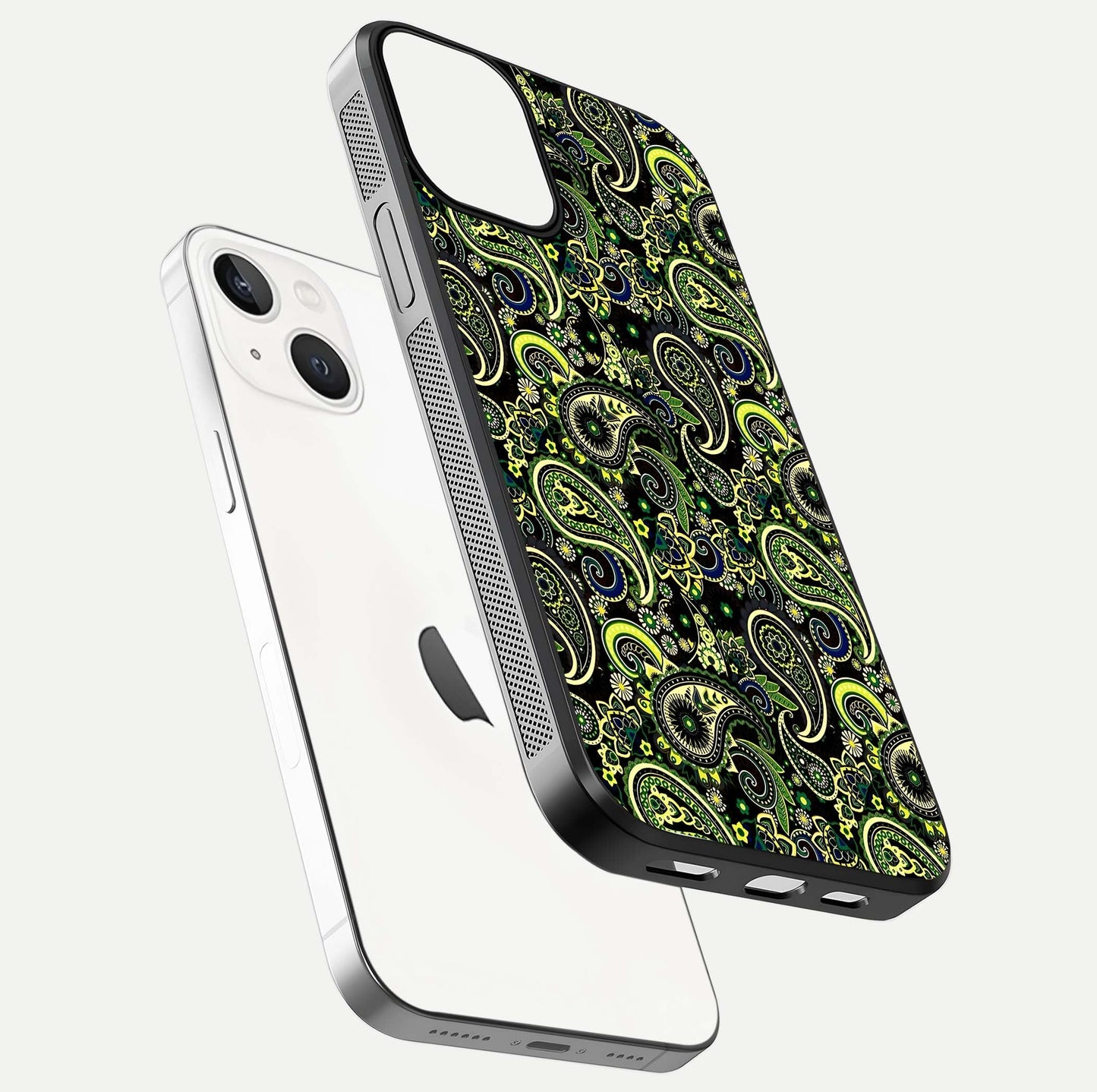 Green Mandala Pattern Glass Case for iPhone 13 Mini floating dual-view mockup showing gloss texture and symmetry shine