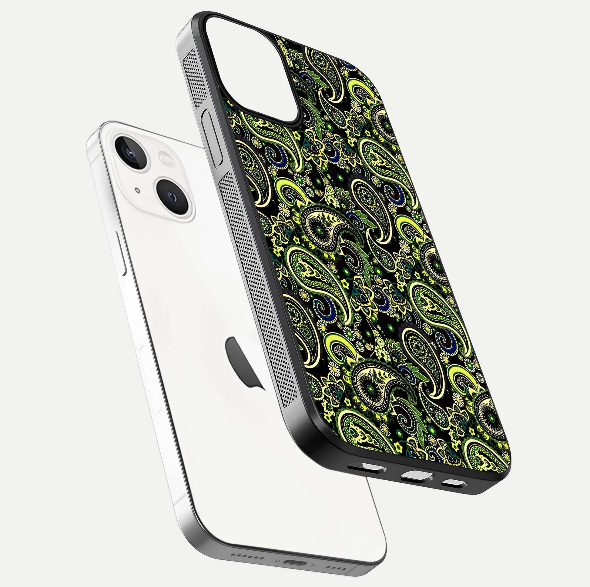 Green Mandala Pattern Glass Case for iPhone 13 Mini floating dual-view mockup showing gloss texture and symmetry shine