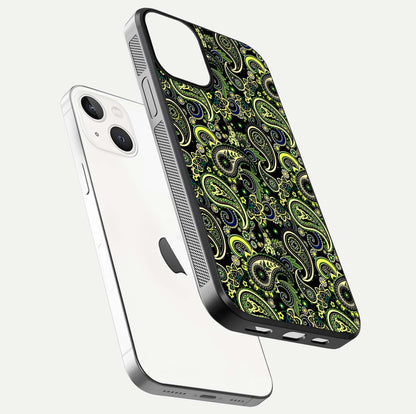 Green Mandala Pattern Glass Case for iPhone 13 Mini floating dual-view mockup showing gloss texture and symmetry shine
