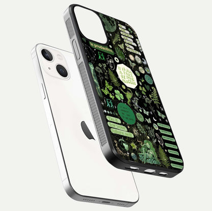 Green Moon Energy Glass Case for iPhone 13 Mini floating dual-view mockup showing glossy texture and energy aura