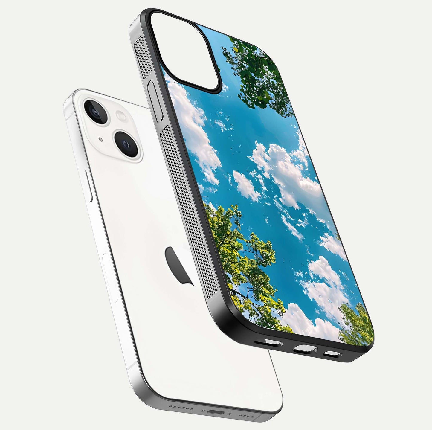 Greenery Sky Glass Case for iPhone 13 Mini floating dual-view mockup showing glossy shine and soft natural tones