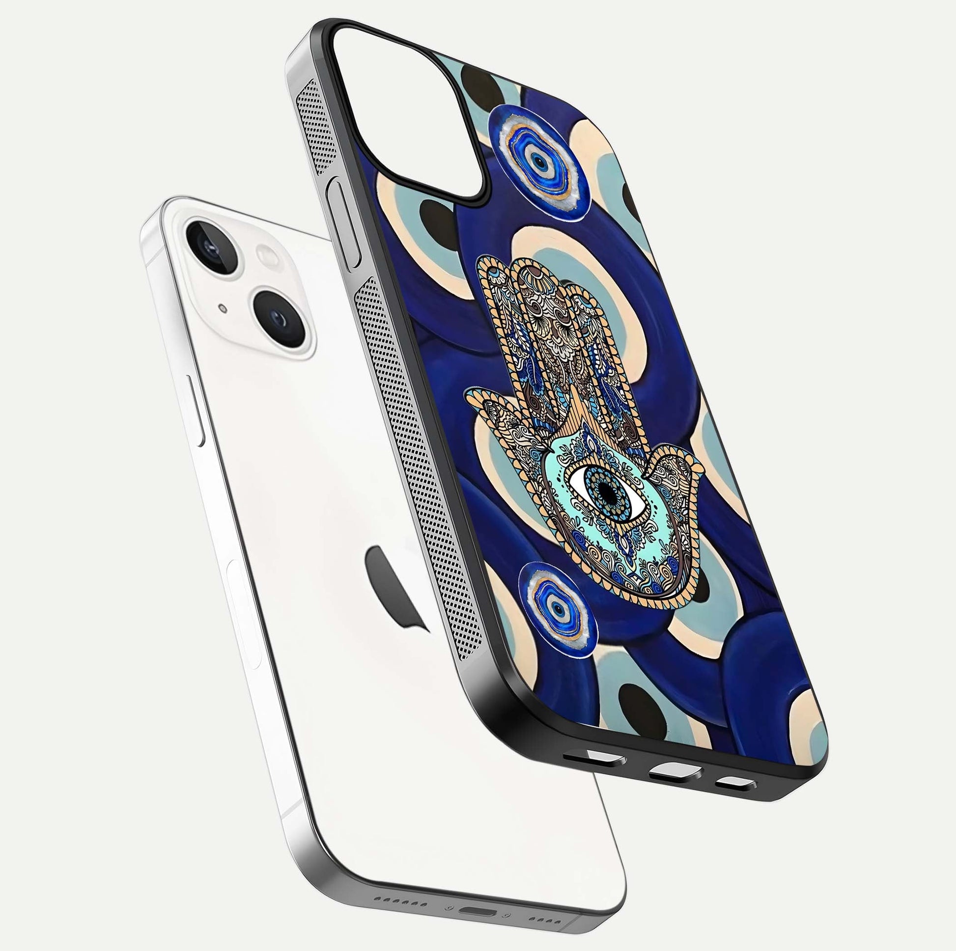 Hamsa Divine Guard Glass Case for iPhone 13 Mini floating dual-view mockup showing gloss shine and mystical pattern