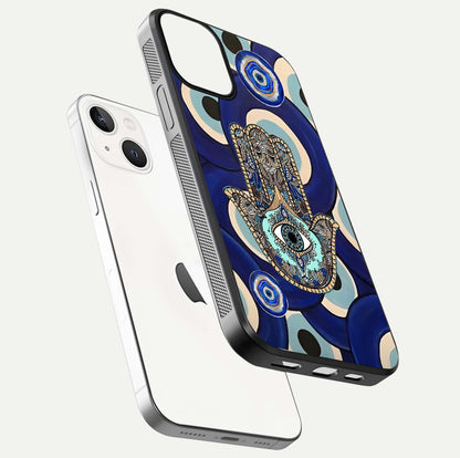 Hamsa Divine Guard Glass Case for iPhone 13 Mini floating dual-view mockup showing gloss shine and mystical pattern
