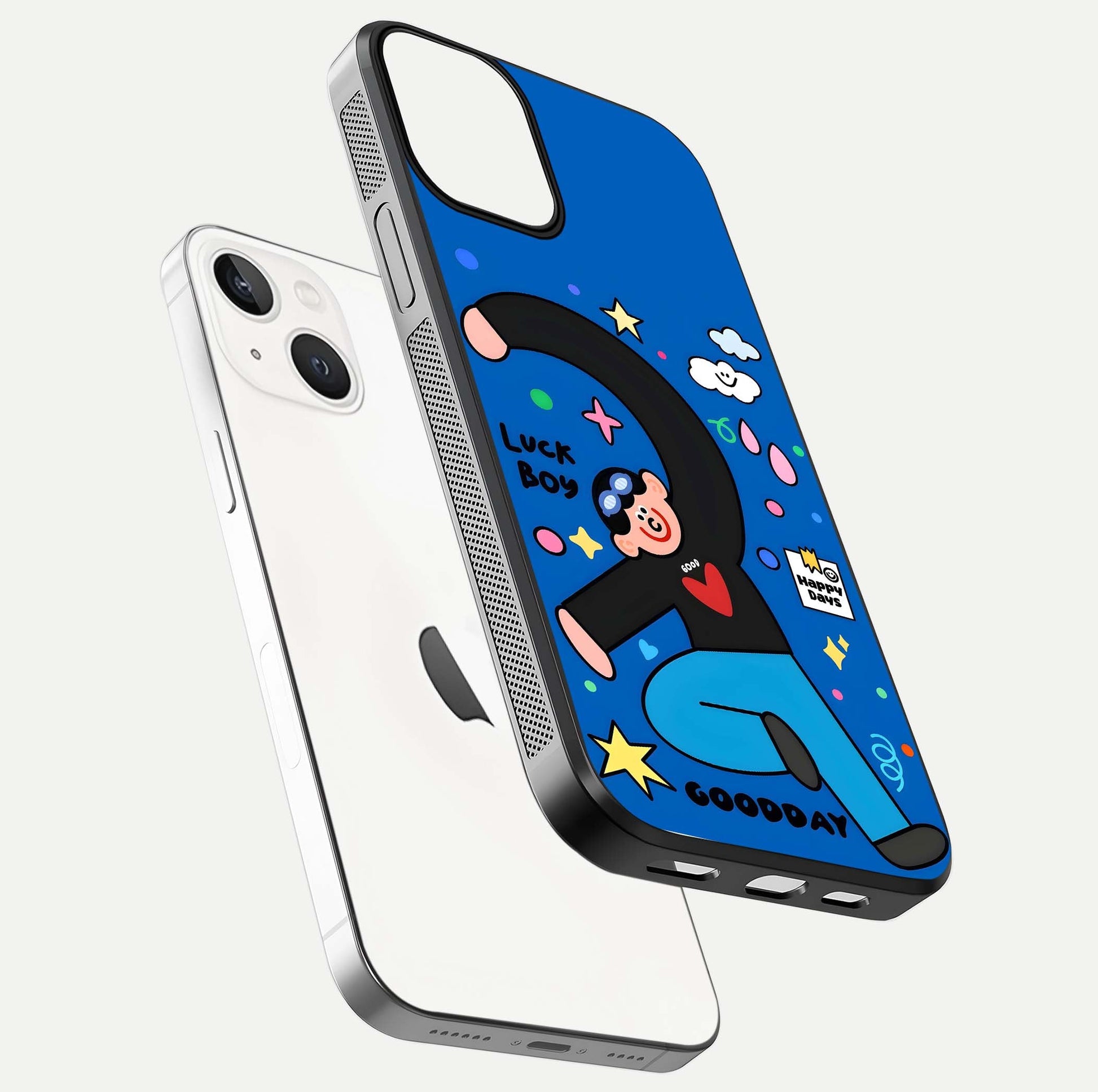 Happy Luck Vibe Glass Case for iPhone 13 Mini floating dual-view mockup showing glossy tone and bright finish