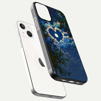 Heart with Moon Sky Glass Case for iPhone 13 Mini floating dual-view mockup showing gloss texture and romantic sky glow