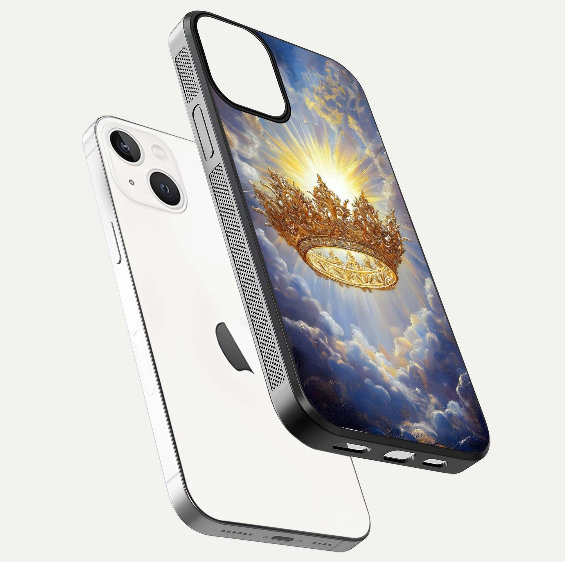 Heavenly Crown Light Glass Case for iPhone 13 Mini floating dual-view mockup showing gloss shine and luminous crown texture